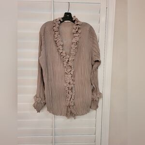 Ruffled Ribbed Brown and Tan Long Sleeve Blouse